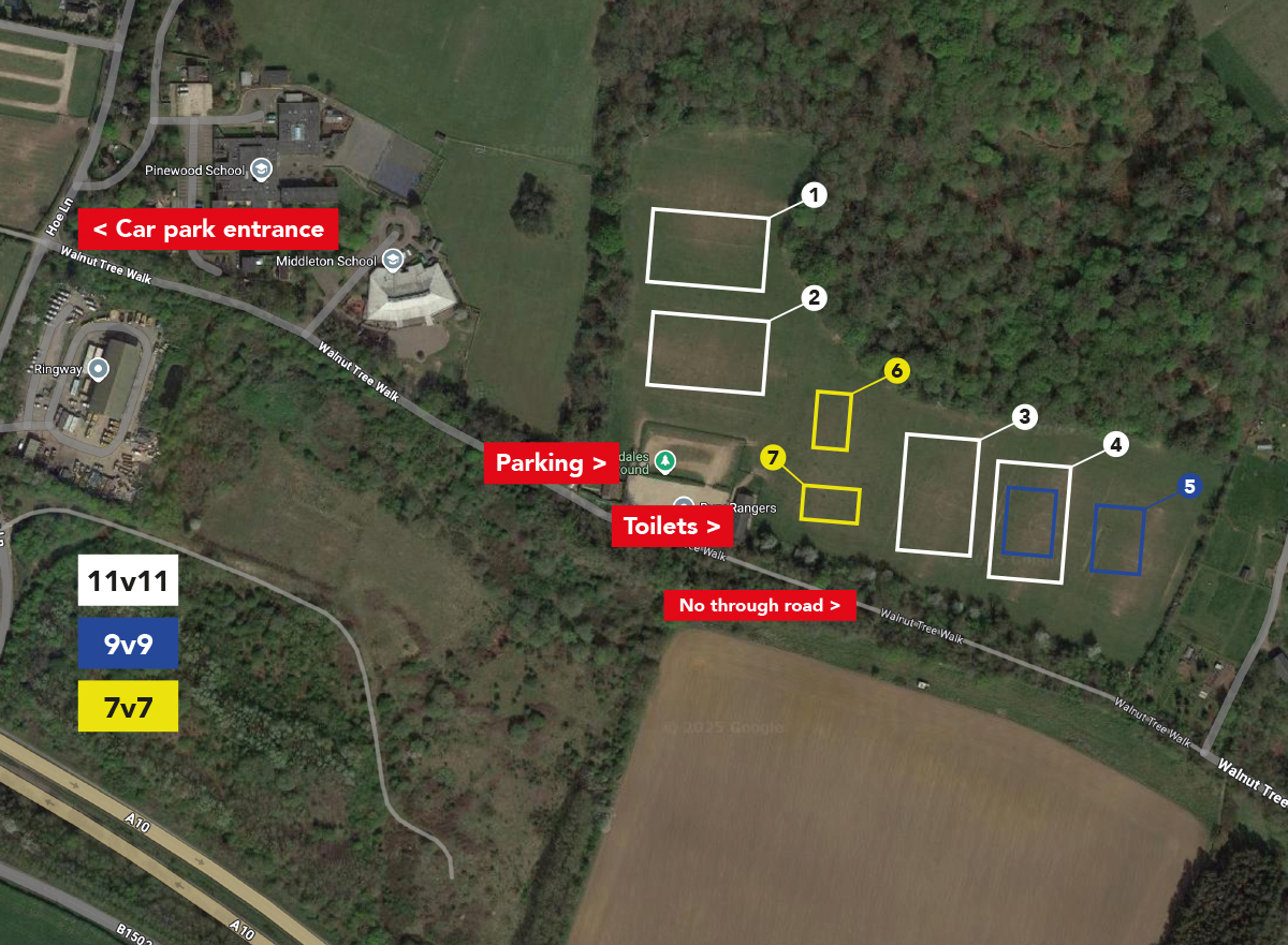 Annotated Presdales Recreation Ground map showing the car park entrance, parking, toilets and numbered pitches.