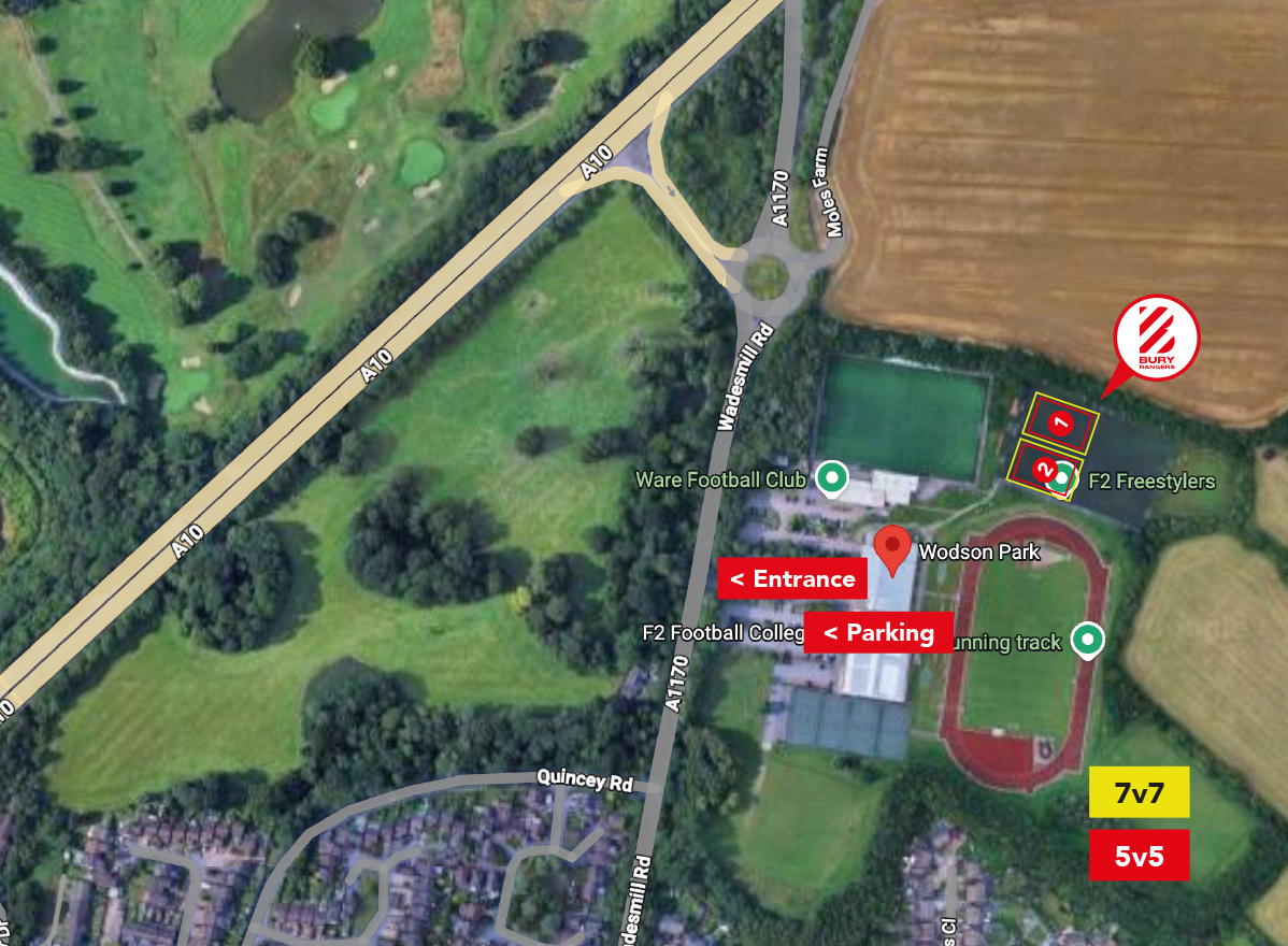 Annotated Wodson Park map showing the venue location and acceptable footwear guidance for 3G pitches.