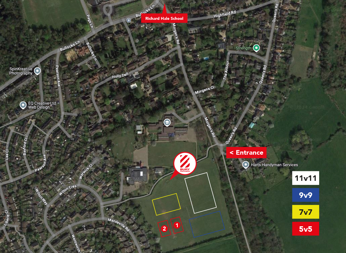Annotated Morgans Playing Fields map showing Richard Hale overflow parking, the entrance point and pitch formats.
