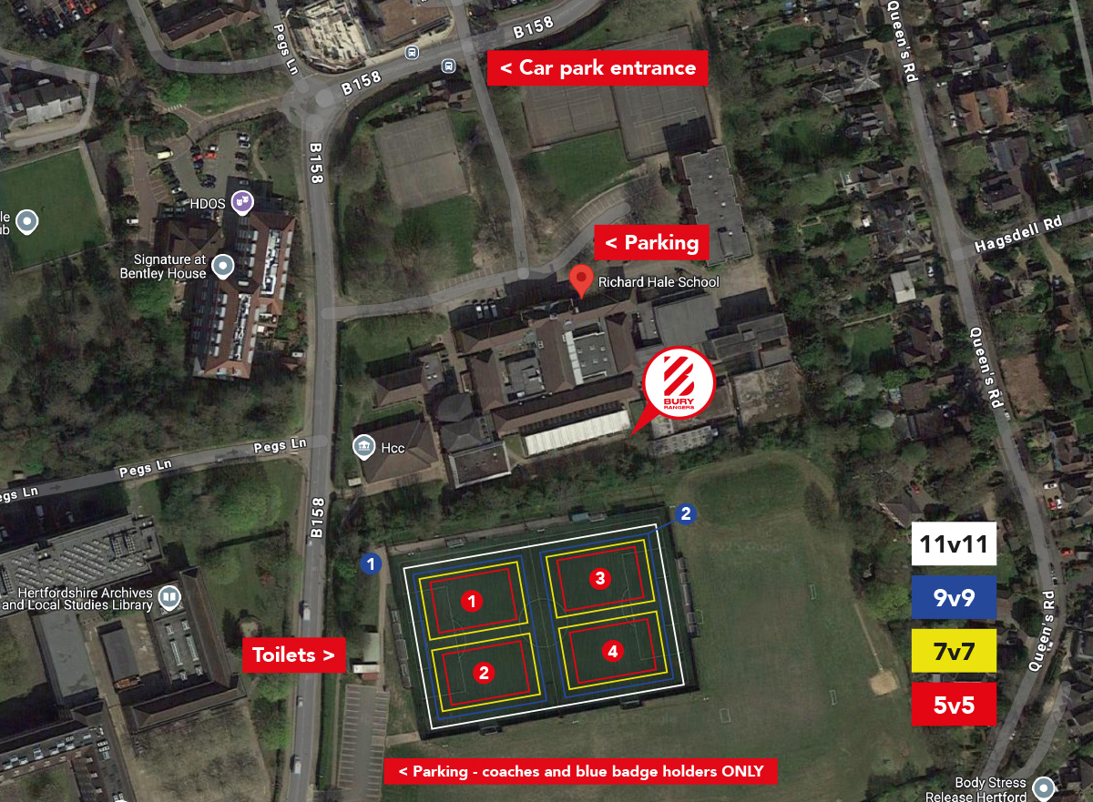 Annotated Richard Hale School venue map showing car park entrance, parking, toilets and pitch formats.