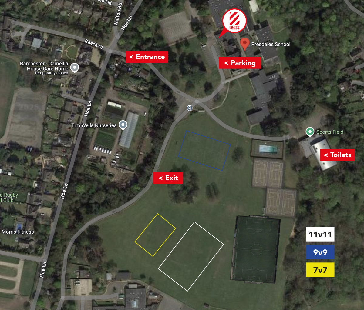Annotated Presdales School venue map showing entrance, parking, toilets and pitch formats.